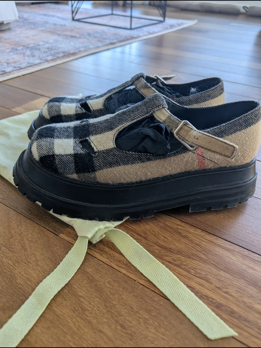 Authentic - Burberry Black & White Check Mary Jane Lug Sole Loafers - Picture 3 of 5